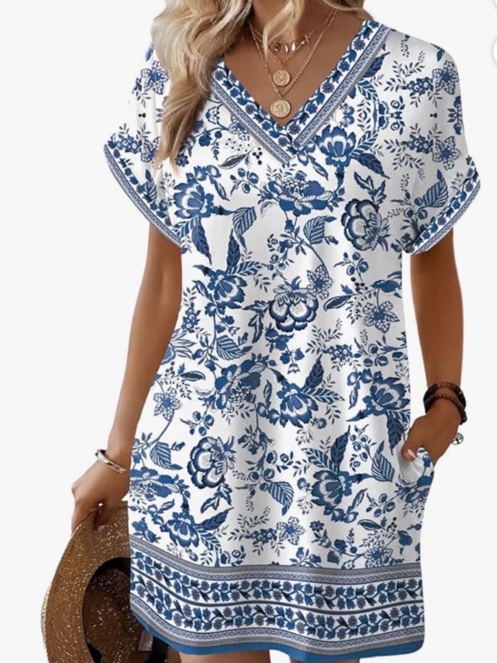 New Women’s Dress Mini V- Neck Cuffed Short Sleeve Side Pockets Blue White Lg